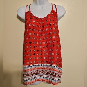 Pink Rose Spagetti Strap Red Design Tank Top Blouse, Large